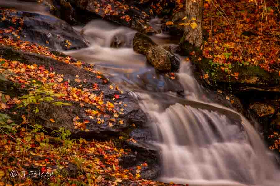 A roadside waterfall in the green Mountains of Vermont in autumn