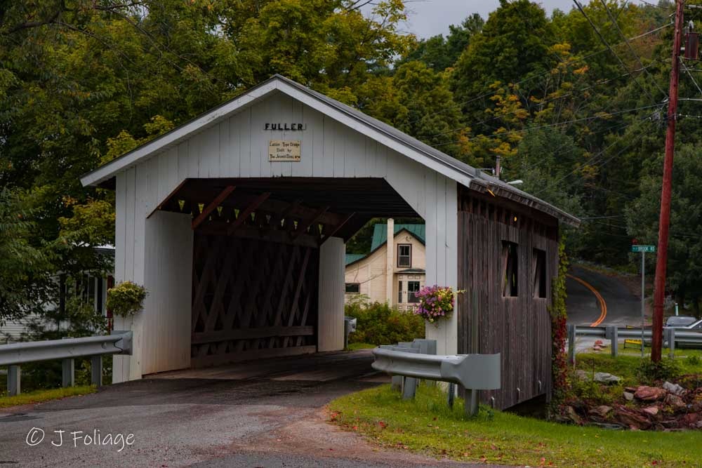 The Fuller Covered Bridge in Montgomery VT, showing the intricate woodwork of the Town Lattice truss